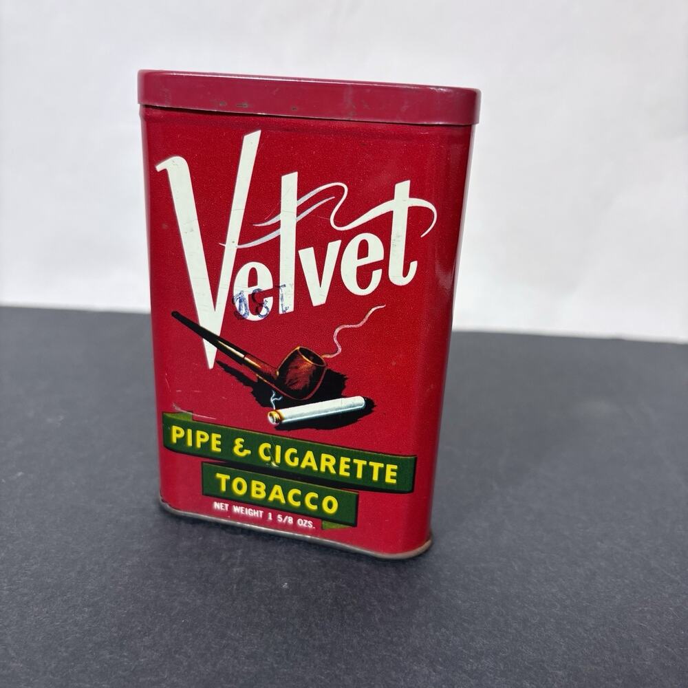 VINTAGE Velvet tobacco pocket tin EMPTY old logo Red Commercial Advertisement